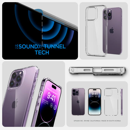 ACS04816 - iPhone 14 Pro Max Case Ultra Hybrid in crystal clear showing the sound tunnel tech