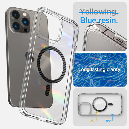 ACS04827 - iPhone 14 Pro Max Case Ultra Hybrid (MagFit) in carbon fiber blue resin. Long lasting clarity.
