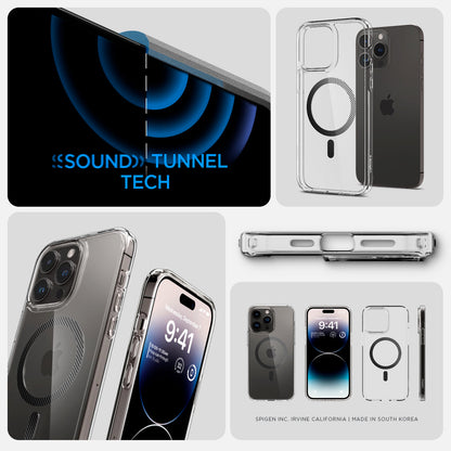 ACS04827 - iPhone 14 Pro Max Case Ultra Hybrid (MagFit) in carbon fiber showing sound tunnel tech.