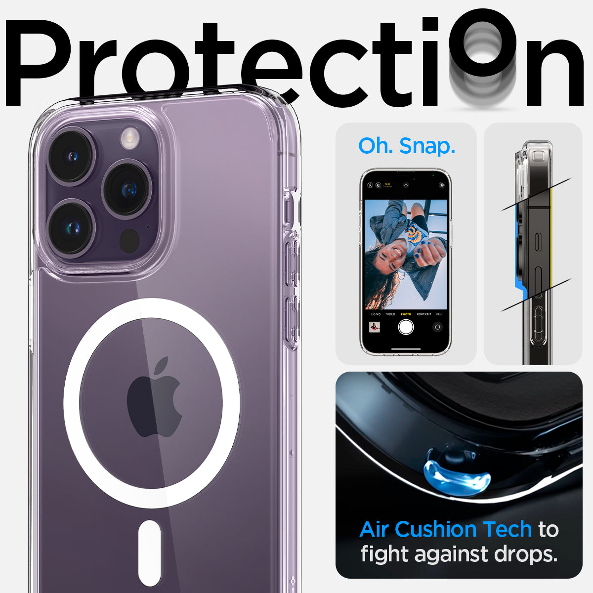 ACS04825 - iPhone 14 Pro Max Case Ultra Hybrid (MagFit) in white showing protection. oh snap. Air cushion tech to fight against drops.