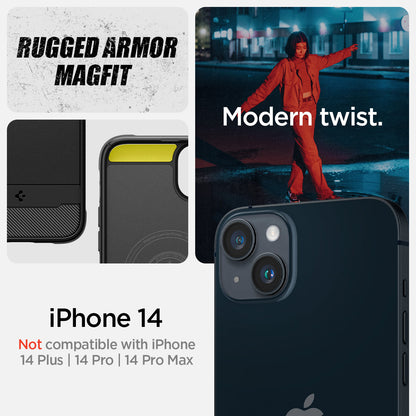 ACS05036 - iPhone 14 Case Rugged Armor (MagFit) in matte black showing rugged armor magfit. Modern twist. iPhone 14 plus not compatible with iPhone 14, 14pro, 14 pro max.
