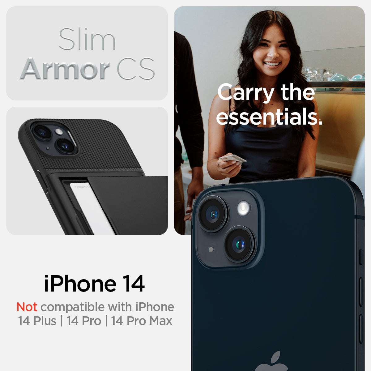 ACS05058 - iPhone 14 Case Slim Armor CS in black showing slim armor cs. carry the essentials. iPhone 14 plus. Not compatible with iPhone 14, 14 pro, 14 pro max.