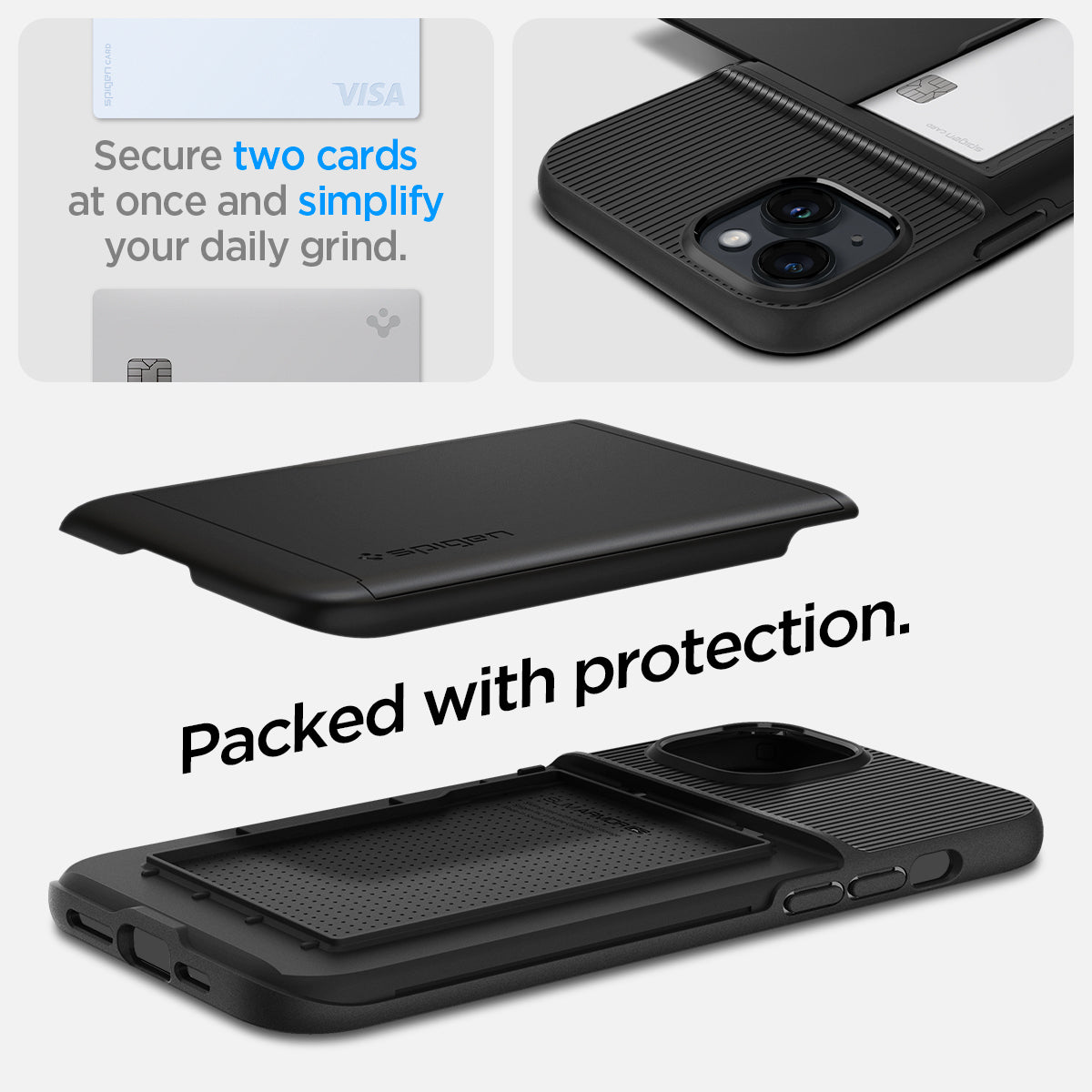 ACS05058 - iPhone 14 Case Slim Armor CS in black showing the back showing secure two cards at once and simplify your daily grind. Packed with protection.