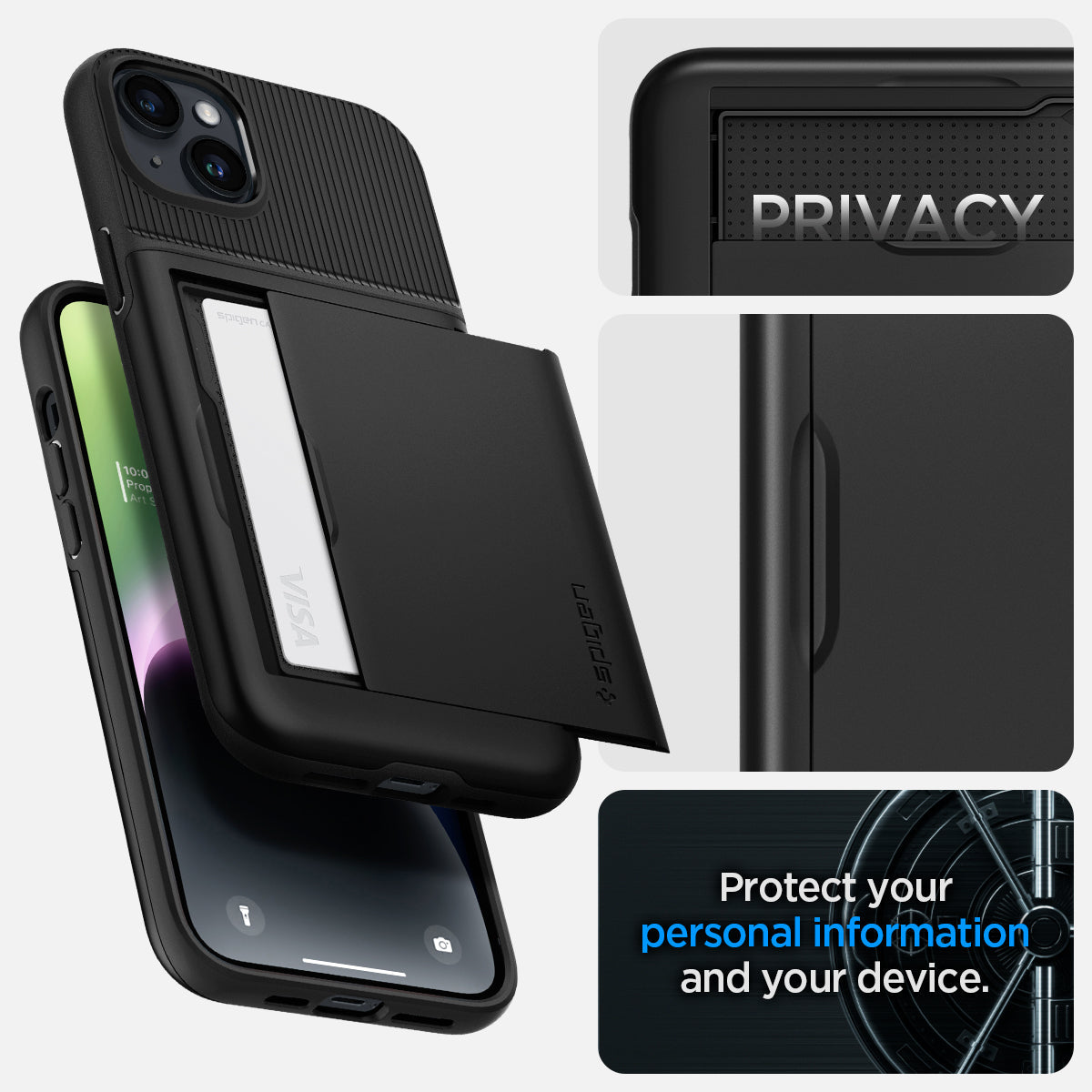 ACS05058 - iPhone 14 Case Slim Armor CS in black showing privacy. protect your personal information and your device.