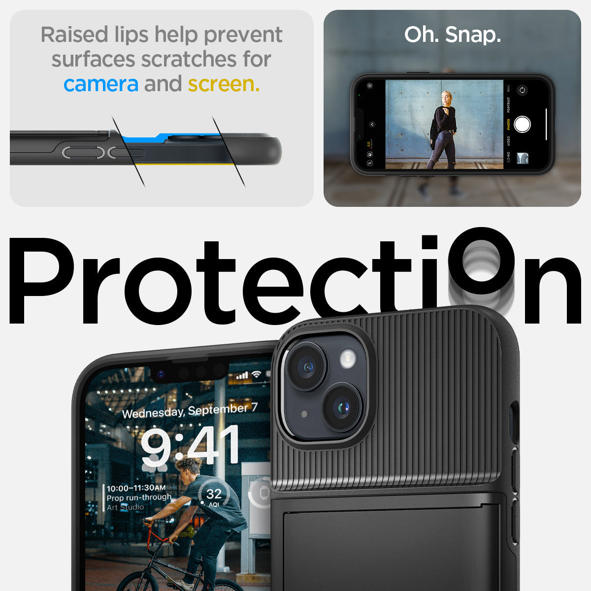 ACS05058 - iPhone 14 Case Slim Armor CS in black showing protection Oh, snap. Raised lips help prevent surfaces scratches for camera and screen.