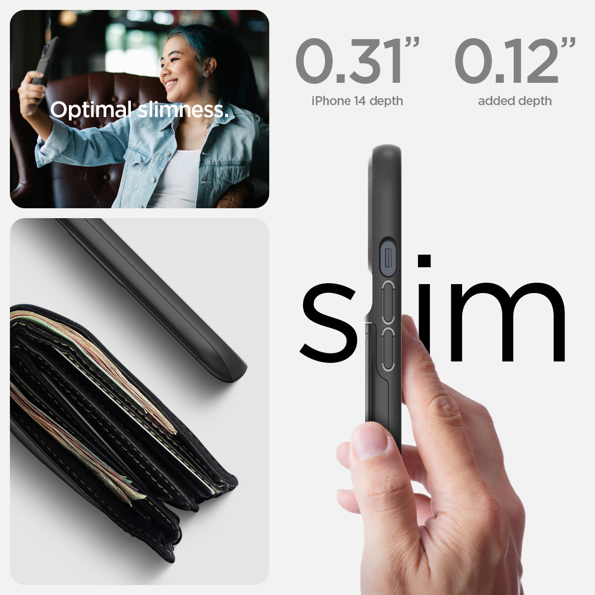 ACS05058 - iPhone 14 Case Slim Armor CS in black showing optimal slimness. 0.31" iPhone 14 plus depth, 0.12" added depth. slim.