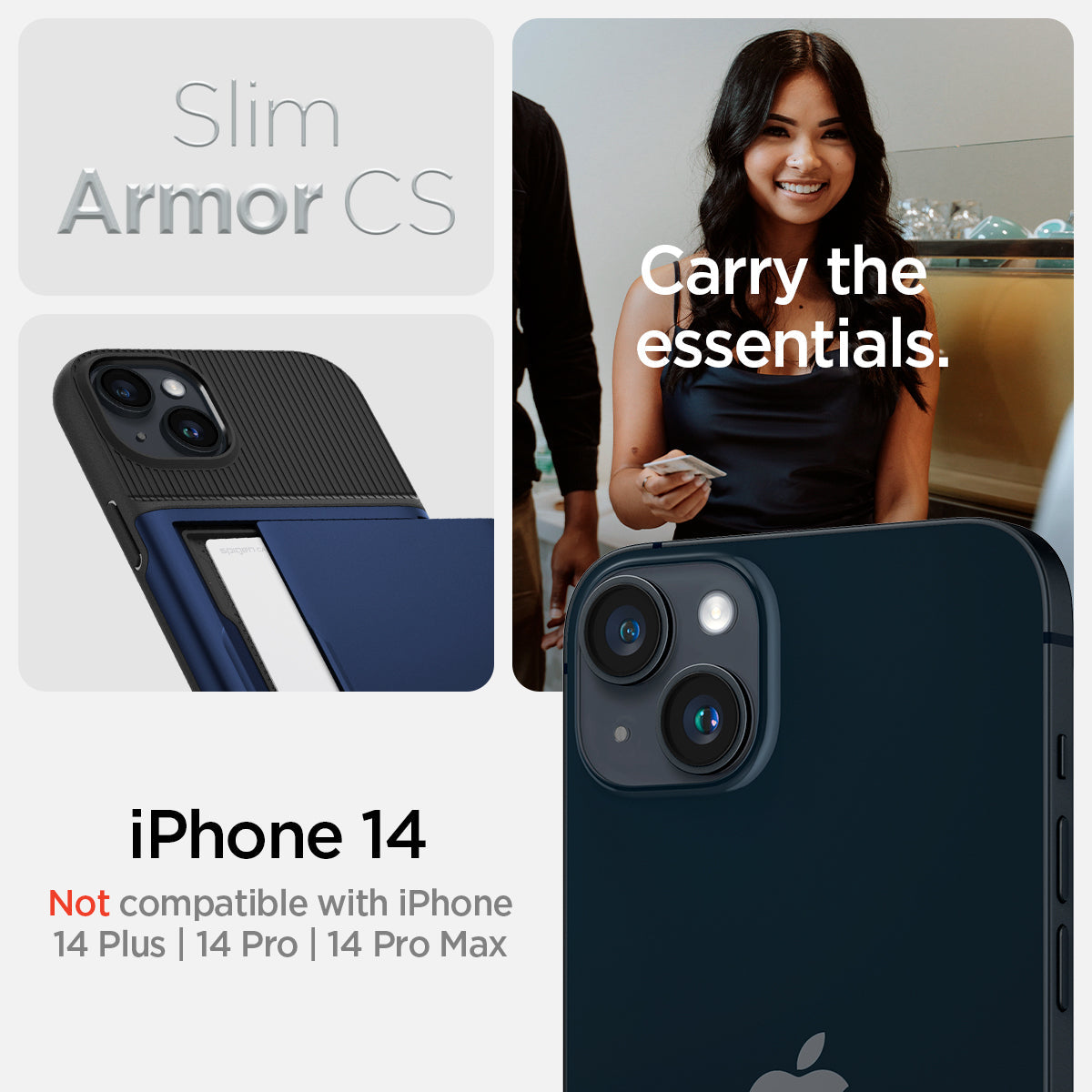 ACS05060 - iPhone 14 Case Slim Armor CS in navy blue showing slim armor cs. carry the essentials. iPhone 14 plus. Not compatible with iPhone 14, 14 pro, 14 pro max.