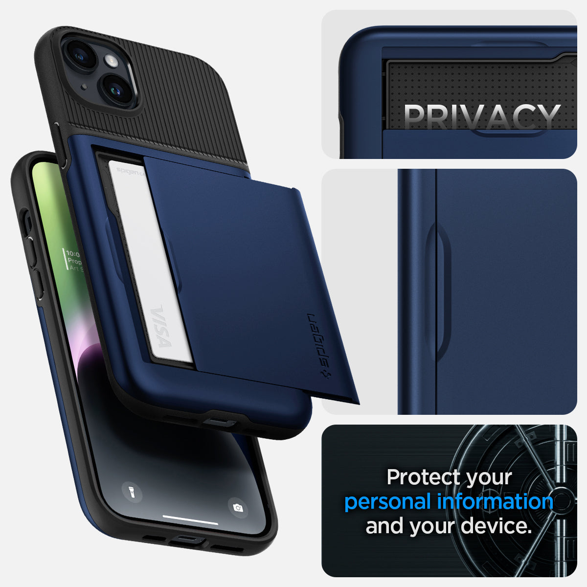 ACS05060 - iPhone 14 Case Slim Armor CS in navy blue showing privacy. protect your personal information and your device.