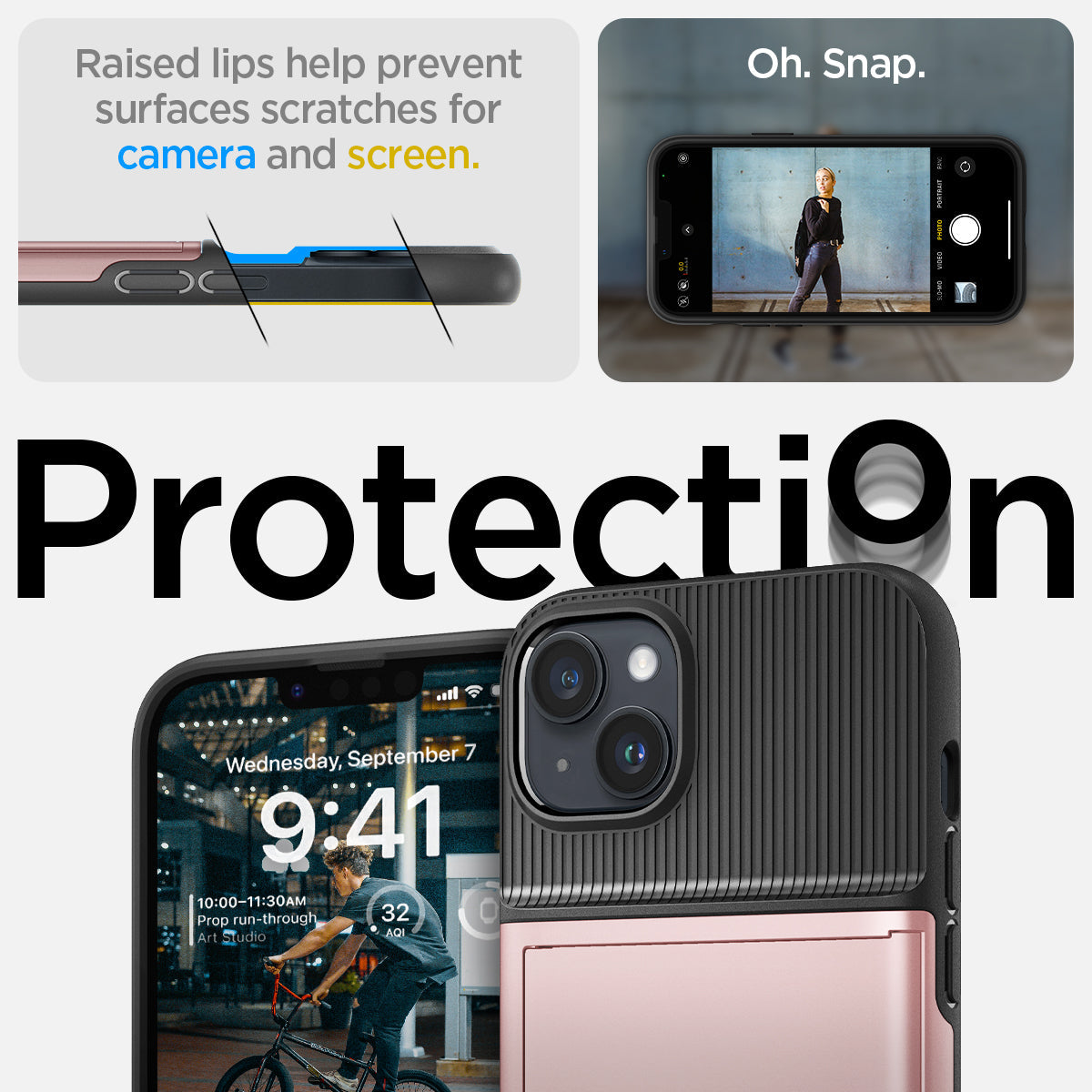 ACS05059 - iPhone 14 Case Slim Armor CS in rose gold showing protection Oh, snap. Raised lips help prevent surfaces scratches for camera and screen.
