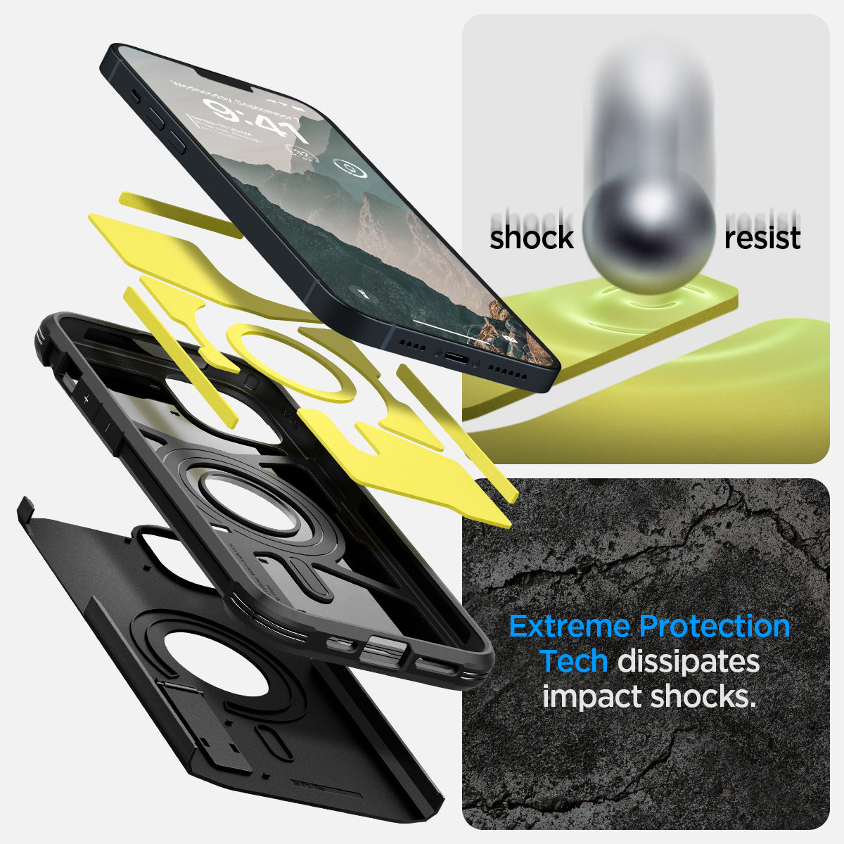 ACS05062 - iPhone 14 Case Tough Armor (MagFit) in black showing shock resist. Extreme protection tech dissipates impact shocks.