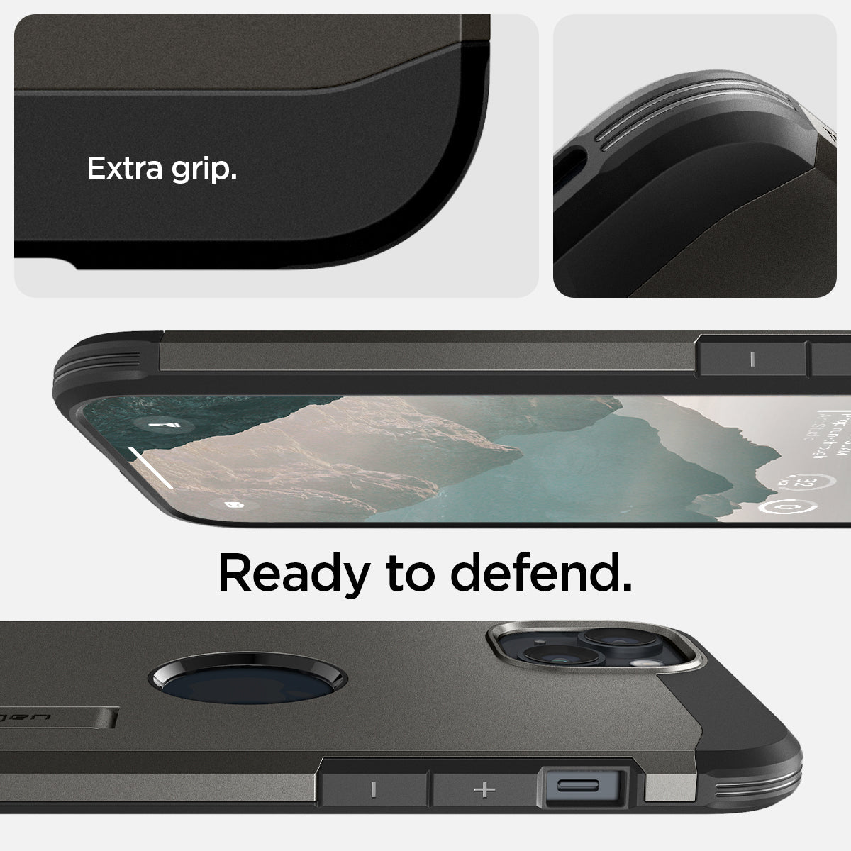 ACS05061 - iPhone 14 Case Tough Armor (MagFit) in gunmetal showing extra grip and ready to defend.