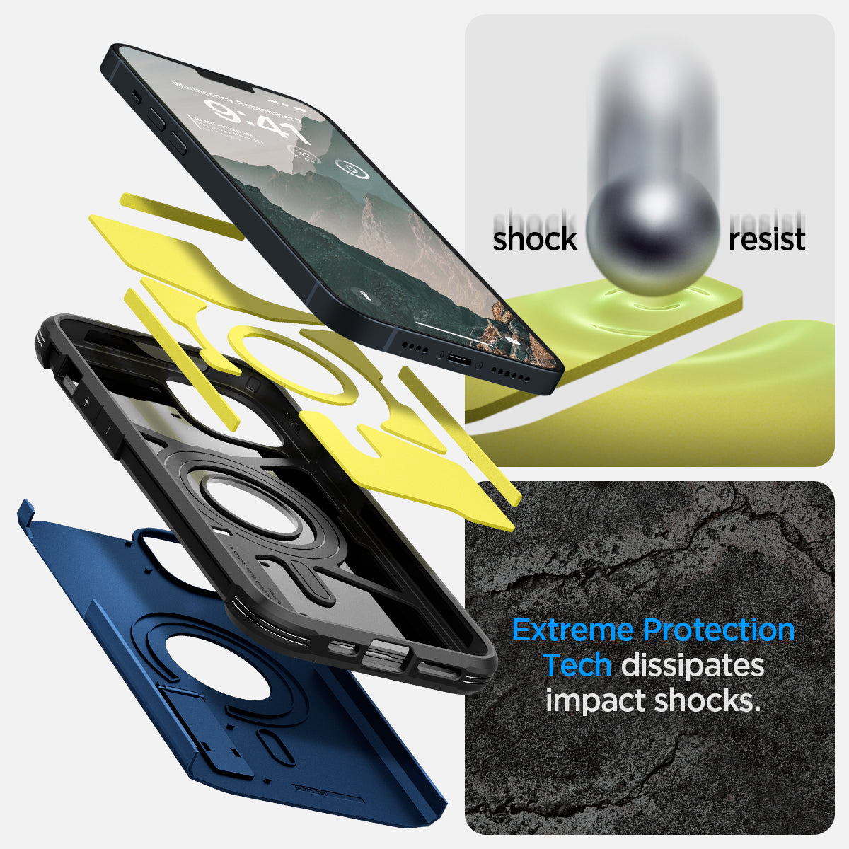 ACS05064 - iPhone 14 Case Tough Armor (MagFit) in navy blue showing shock resist. Extreme protection tech dissipates impact shocks.