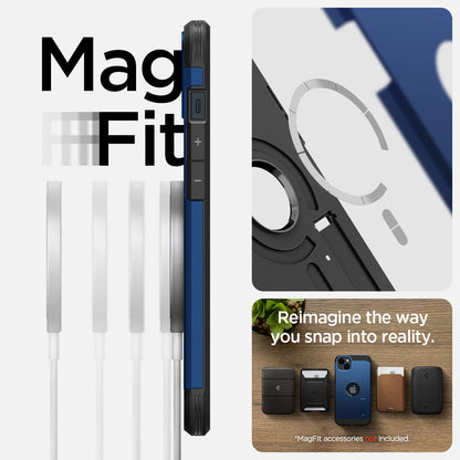 ACS05064 - iPhone 14 Case Tough Armor (MagFit) in navy blue showing magfit. Reimagine the way you snap into reality.