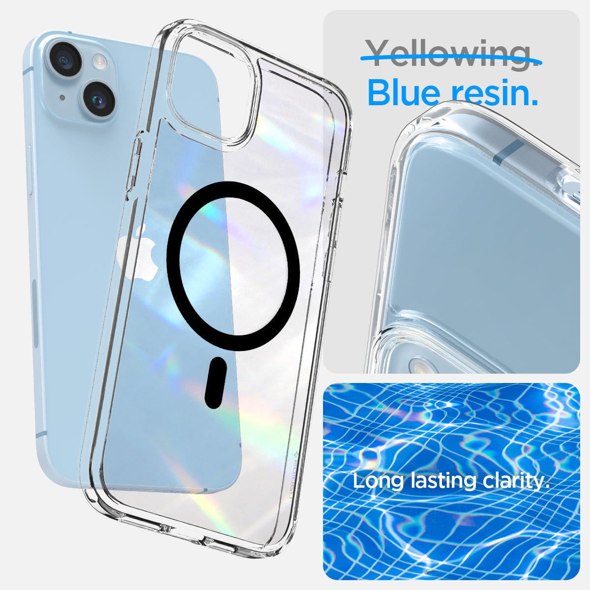 ACS05049 - iPhone 14 Case Ultra Hybrid (MagFit) in black showing blue resin. Long lasting clarity.