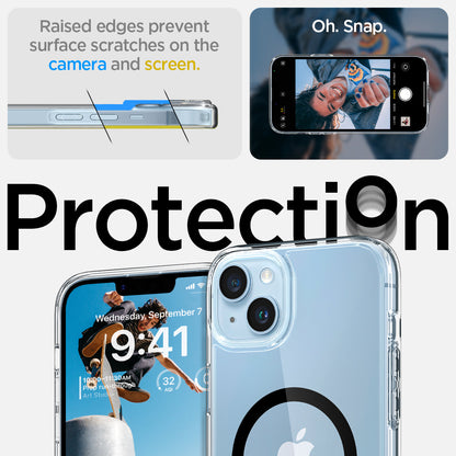 ACS05049 - iPhone 14 Case Ultra Hybrid (MagFit) in black showing raised edges prevent surface scratches on the camera and screen. protection