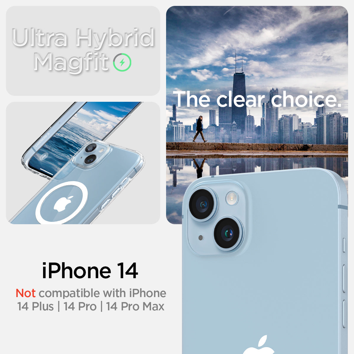 ACS05048 - iPhone 14 Case Ultra Hybrid (MagFit) in white showing Not compatible with iPhone 14 plus, 14 pro, 14 pro max. ultra hybrid magfit. the clear choice