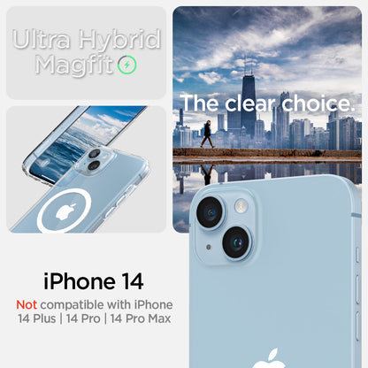ACS05048 - iPhone 14 Case Ultra Hybrid (MagFit) in white showing Not compatible with iPhone 14 plus, 14 pro, 14 pro max. ultra hybrid magfit. the clear choice