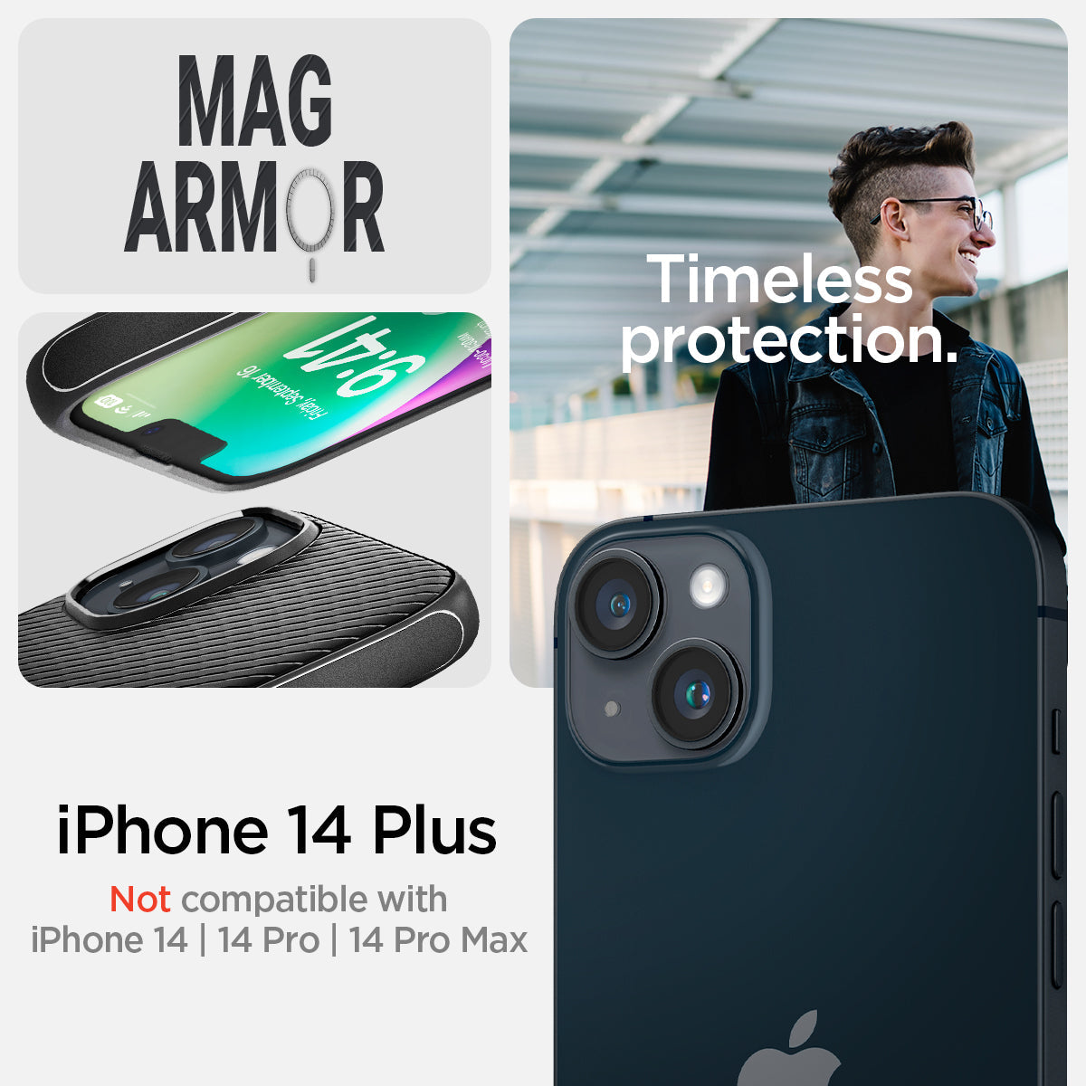 ACS04918 - iPhone 14 Plus Case Mag Armor (MagFit) in matte black showing Not compatible with iPhone 14, 14pro, 14 pro max. mag armor. Timeless protection.