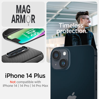 ACS04918 - iPhone 14 Plus Case Mag Armor (MagFit) in matte black showing Not compatible with iPhone 14, 14pro, 14 pro max. mag armor. Timeless protection.