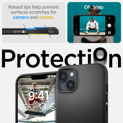 ACS04918 - iPhone 14 Plus Case Mag Armor (MagFit) in matte black raised lips help prevent surfaces scratches for camera and screen. Oh snap. Protection.