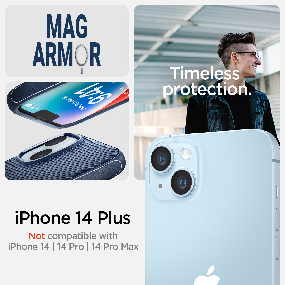 ACS04919 - iPhone 14 Plus Case Mag Armor (MagFit) in navy blue showing Not compatible with iPhone 14, 14pro, 14 pro max. mag armor. Timeless protection.