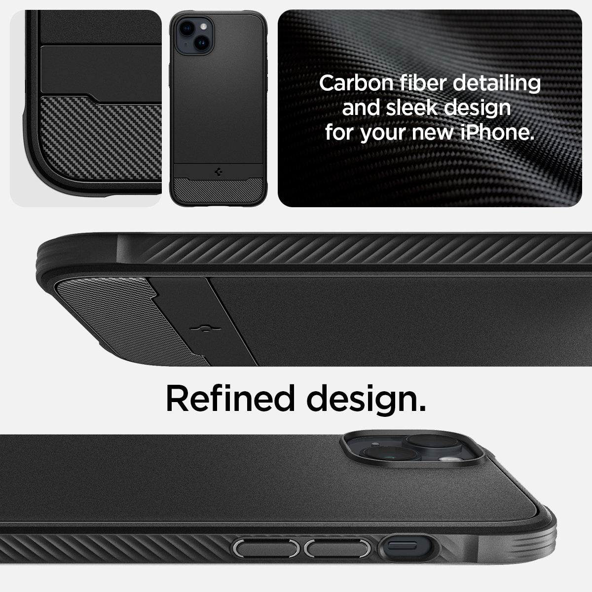 ACS04890 - iPhone 14 Plus Case Rugged Armor (MagFit) in matte black showing carbon fiber detailing and sleek design for your new iPhone. Refined design.