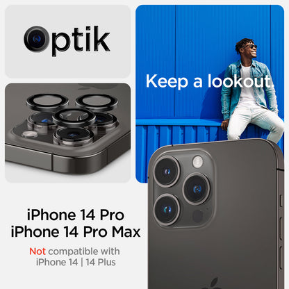 AGL05205 - iPhone 14 Pro / 14 Pro Max Optik Pro Lens Protector in black keep a lookout showing the compatibility only with iPhone 14 pro, 14 pro max. Not compatible with iPhone 14, 14 plus.