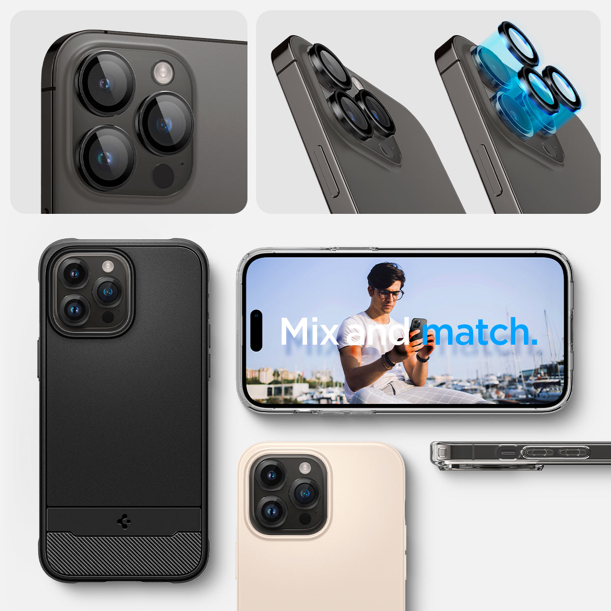 AGL05205 - iPhone 14 Pro / 14 Pro Max Optik Pro Lens Protector in black showing the mix and match