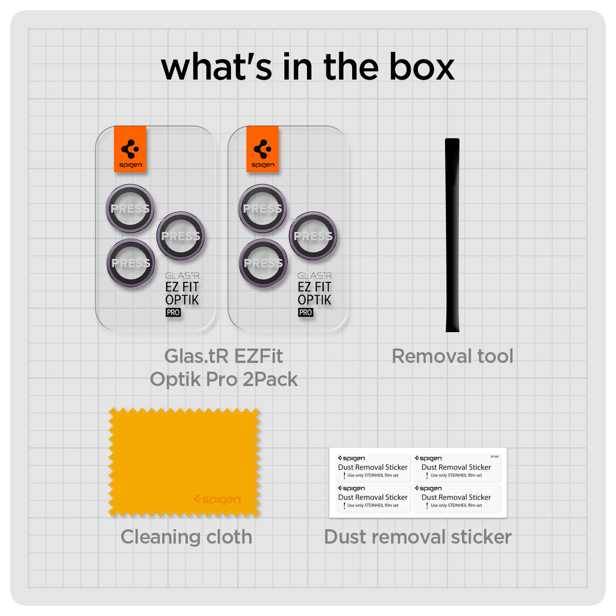 AGL05597 - iPhone 14 Pro / 14 Pro Max Optik Pro Lens Protector in deep purple what's in the box. Glas.tR EZFit Optik pro 2 pack, removal tool, cleaning cloth, dust removal sticker.