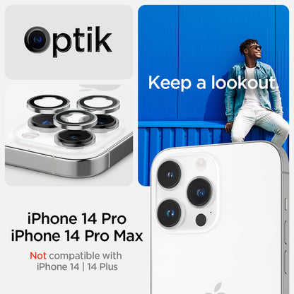 AGL05599 - iPhone 14 Pro / 14 Pro Max Optik Pro Lens Protector in silver keep a lookout showing the compatibility only with iPhone 14 pro, 14 pro max. Not compatible with iPhone 14, 14 plus.