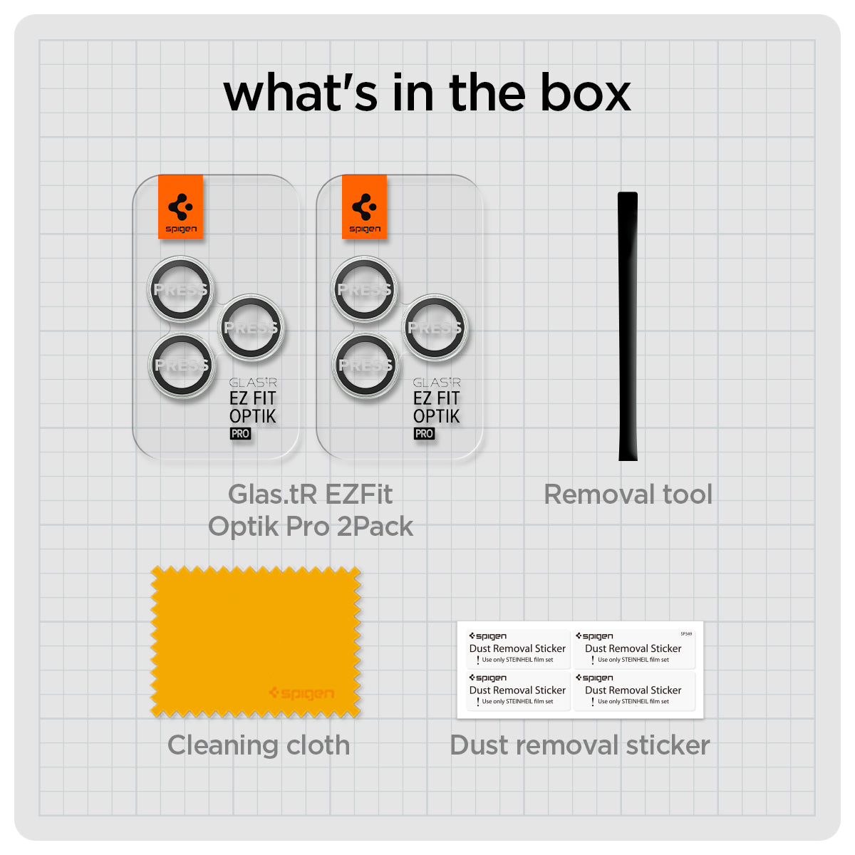 AGL05599 - iPhone 14 Pro / 14 Pro Max Optik Pro Lens Protector in silver what's in the box. Glas.tR EZFit Optik pro 2 pack, removal tool, cleaning cloth, dust removal sticker.