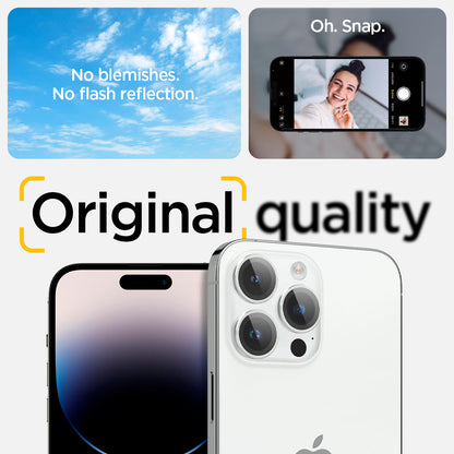 AGL05599 - iPhone 14 Pro / 14 Pro Max Optik Pro Lens Protector in silver showing the no blemishes, no flash reflection oh, snap, original quality.
