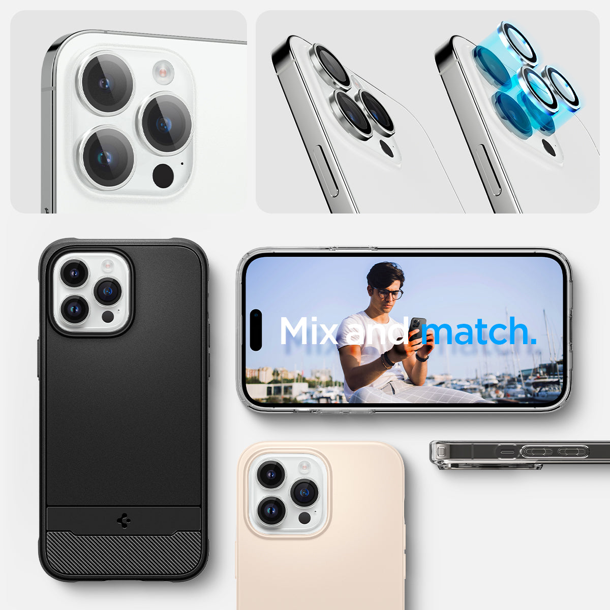 AGL05599 - iPhone 14 Pro / 14 Pro Max Optik Pro Lens Protector in silver showing the mix and match