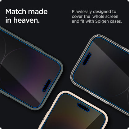 AGL05215 - iPhone 14 Pro Screen Protector EZ FIT GLAS.tR Privacy showing match made in heaven. Flawlessly designed to cover the whole screen and fit with spigen cases.