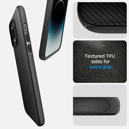 ACS04989 - iPhone 14 Pro Case Mag Armor (MagFit) in matte black showing textured TPU sides for extra grip.