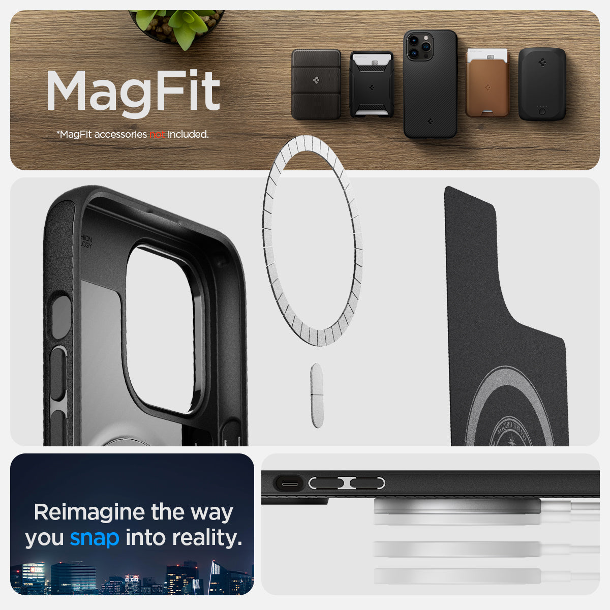ACS04989 - iPhone 14 Pro Case Mag Armor (MagFit) in matte black showing magfit. Magfit accessories not included. Reimagine he way you snap into reality.
