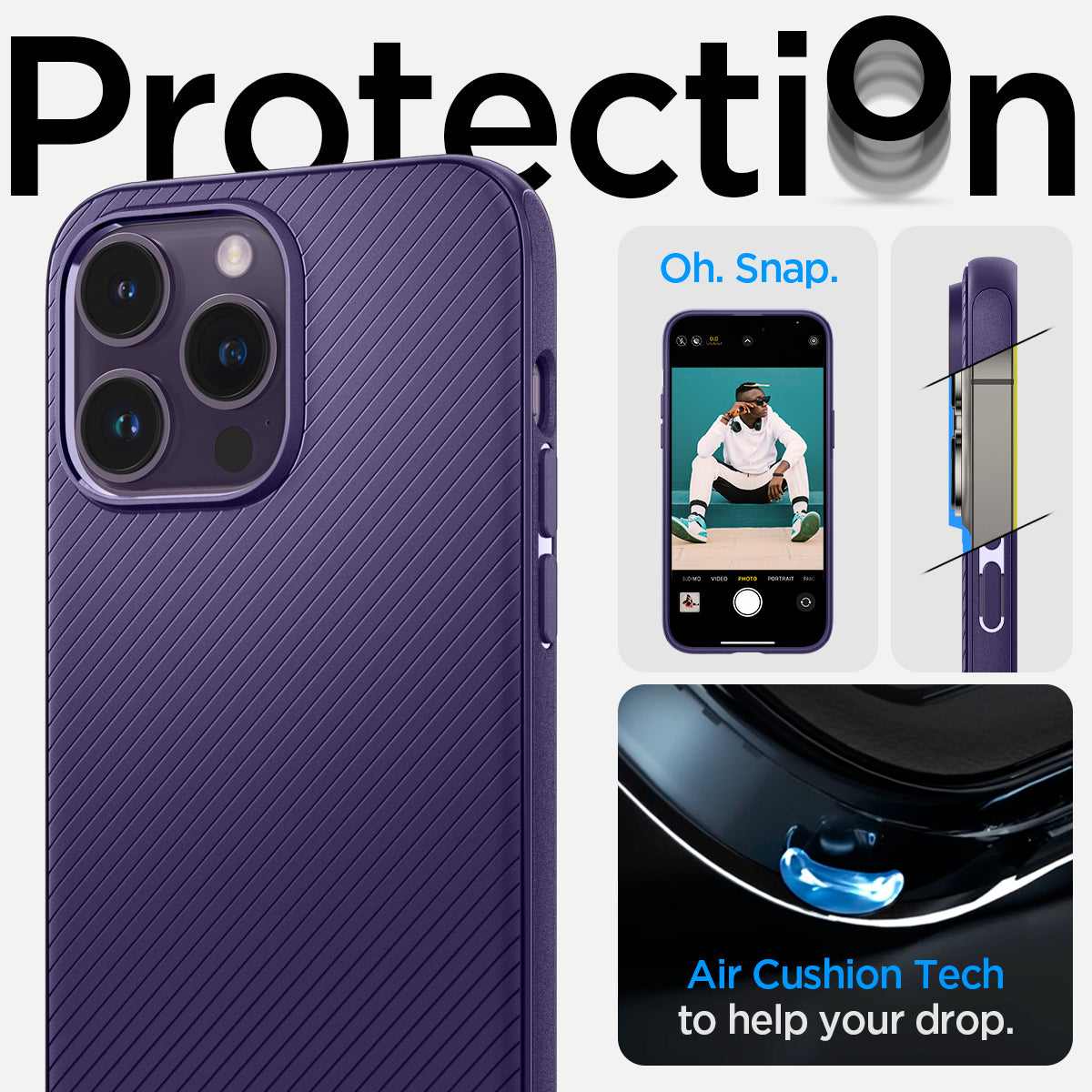 ACS05588 - iPhone 14 Pro Case Mag Armor (MagFit) in deep purple showing protection. Oh snap. Air cushion tech to fight against drops.