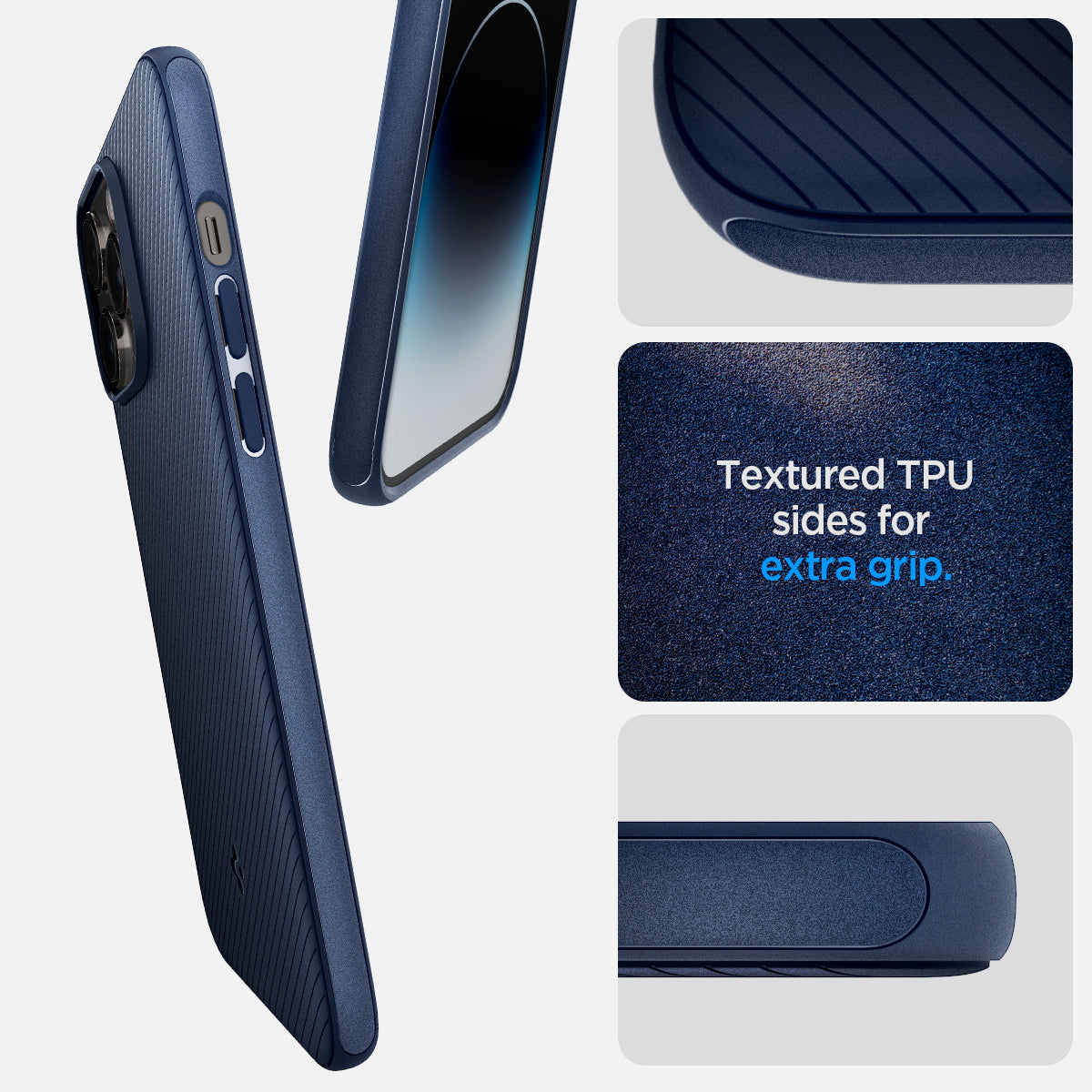 ACS04990 - iPhone 14 Pro Case Mag Armor (MagFit) in navy blue showing textured TPU sides for extra grip.