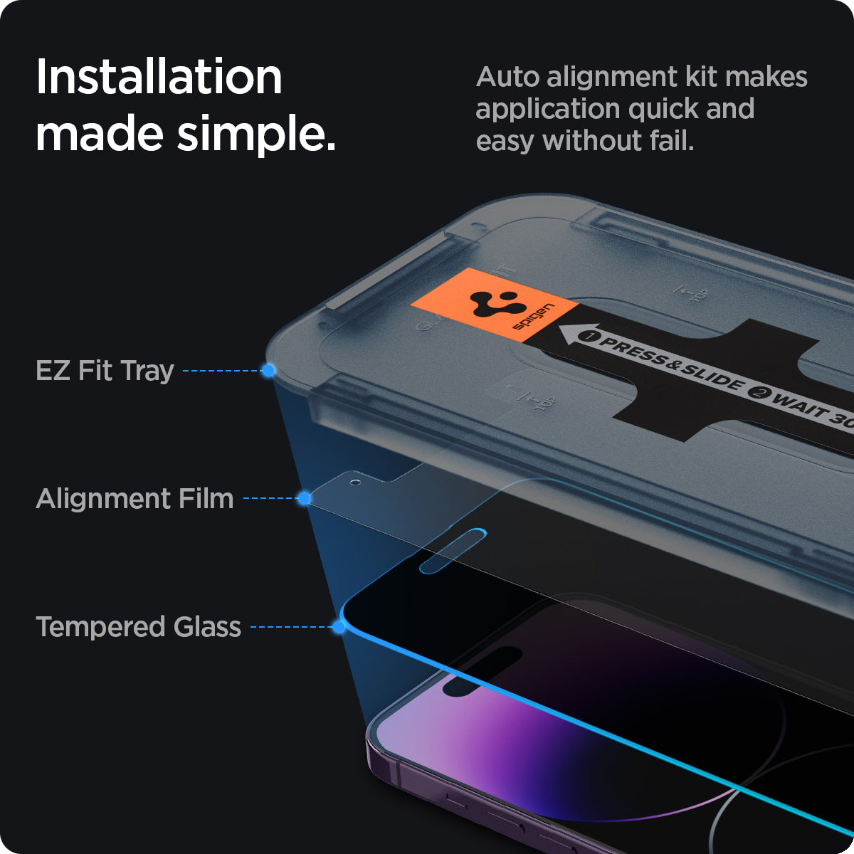 AGL05203 - iPhone 14 Pro Max Screen Protector EZ FIT GLAS.tR Privacy showing installation made simple. Auto alignment kit makes application quick and easy without fail. EZ fit tray, Alignment film, tempered glass.