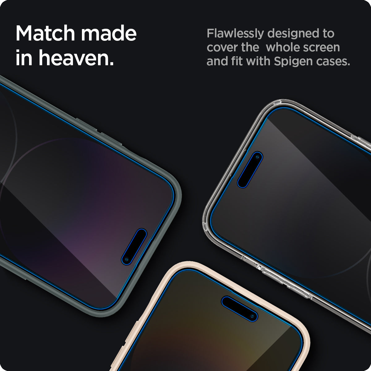 AGL05203 - iPhone 14 Pro Max Screen Protector EZ FIT GLAS.tR Privacy showing match made in heaven. Flawlessly designed to cover the whole screen and fit with spigen cases.
