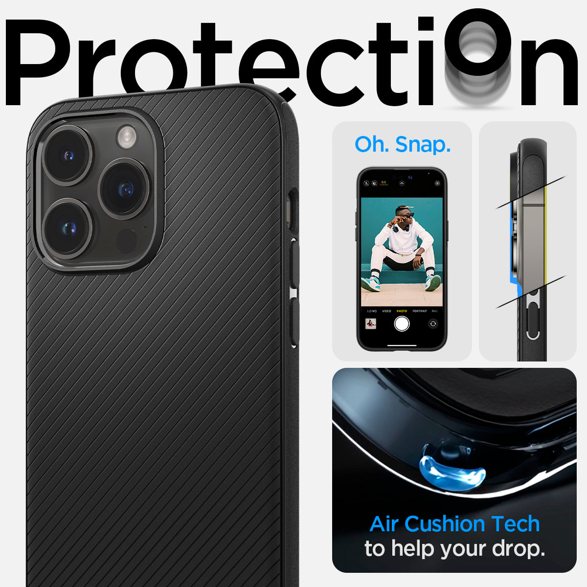 ACS04844 - iPhone 14 Pro Max Case Mag Armor (MagFit) in matte black showing protection. Oh snap. Air cushion tech to fight against drops.