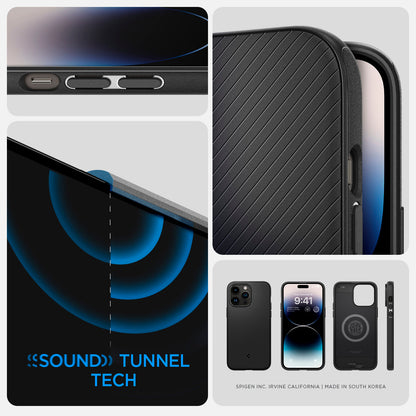 ACS04844 - iPhone 14 Pro Max Case Mag Armor (MagFit) in matte black showing sound tunnel tech