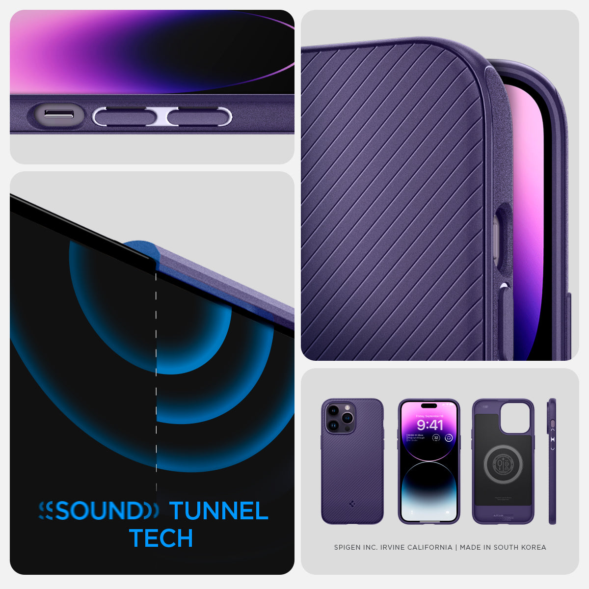 ACS05584 - iPhone 14 Pro Max Case Mag Armor (MagFit) in deep purple showing sound tunnel tech