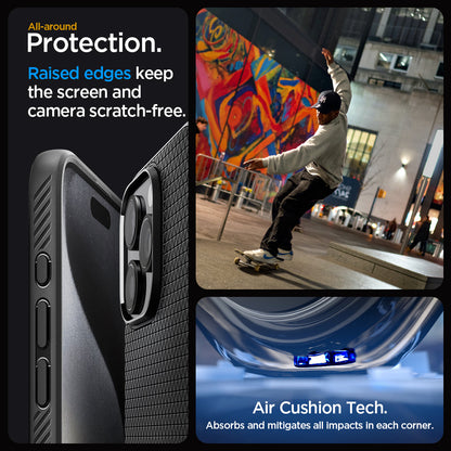ACS06704 - iPhone 15 Pro Case Liquid Air in matte black all-around protection. Raised edges keep the screen and camera scratch-free. Air Cushion Tech. Absorbs and mitigates all impacts in each corner
