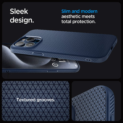 ACS06705 - iPhone 15 Pro Case Liquid Air in navy blue sleek design. Slim and modern aesthetic meets total protection with textured grooves