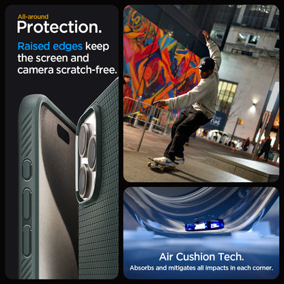 ACS06564 - iPhone 15 Pro Max Case Liquid Air in abyss green all-around protection. Raised edges keep the screen and camera scratch-free. Air Cushion Tech. Absorbs and mitigates all impacts in each corner