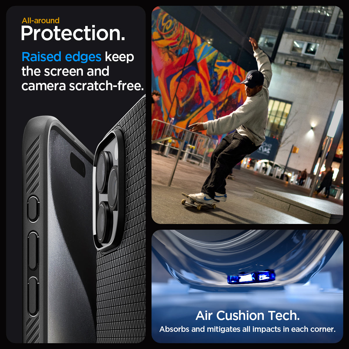 ACS06562 - iPhone 15 Pro Max Case Liquid Air in matte black all-around protection. Raised edges keep the screen and camera scratch-free. Air Cushion Tech. Absorbs and mitigates all impacts in each corner
