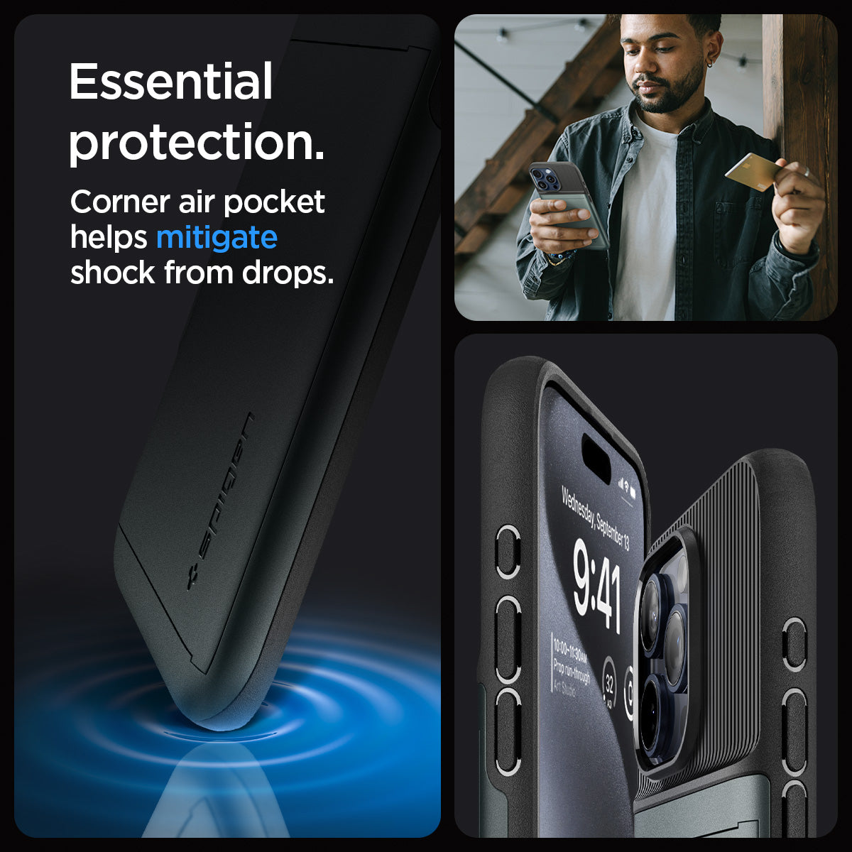 ACS06592 - iPhone 15 Pro Max Case Slim Armor CS in abyss green essential protection. corner air pocket helps mitigate shock from drops.