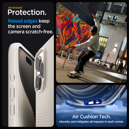 ACS07217 - iPhone 15 Pro Case Liquid Air in Natural Titanium all-around protection. Raised edges keep the screen and camera scratch-free. Air Cushion Tech. Absorbs and mitigates all impacts in each corner