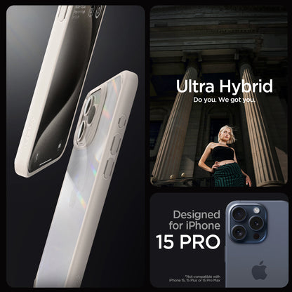 ACS07214 - iPhone 15 Pro Ultra Hybrid Case in Natural Titanium showing the compatibility only with iPhone 15 Pro. Not compatible with iPhone 15, 15 Plus or 15 Pro Max